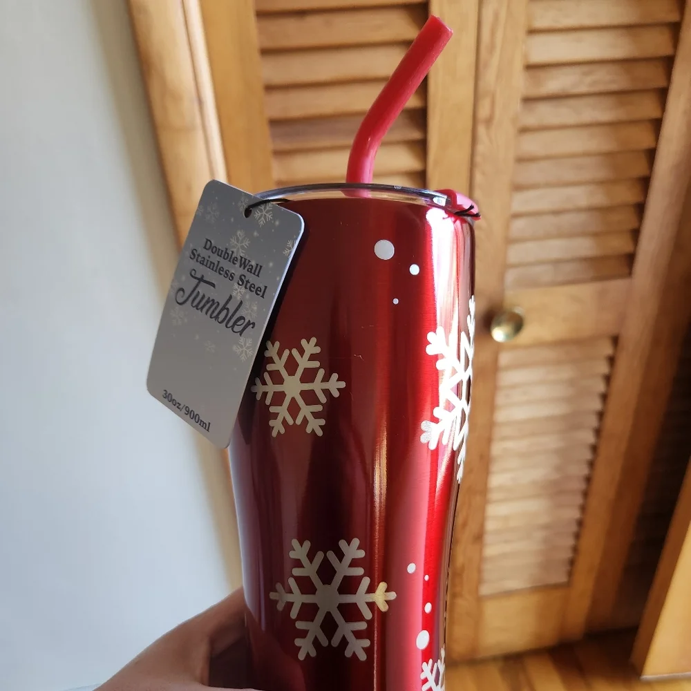 Christmas Stainless Steel Double Wall Tumbler Cup With Straw Snowflakes Red NWT